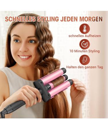 3-Barrel Curling Iron for Beach Waves - Adjustable Fast Heating Wave Iron for Long & Short Hair - Pink - Buy Online on GoSupps.com