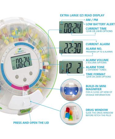 EziMedPil Automatic Pill Dispenser with Audio & Visual Alerts - 6 Alarms/day, 6 Dosage Templates, Easy-Read LCD, Lockable for Prescriptions & Vitamins - Buy Online on GoSupps.com
