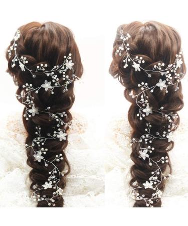 Teyglen Bride Wedding Flower Pearls Long Hair Vine Silver Rhinestone Crystal Beads Hair Vine Headband Handmade Bridal Headpieces Hair Pieces Wedding Hair Accessories Hair Jewelry for Women Girls