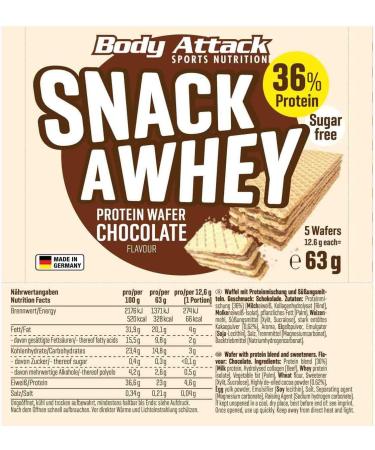 Body Attack Snack a Whey 5x63g - Low Sugar Protein Wafers with 36% Milk & Whey Protein | Delicious Chocolate Crispy Waffles | Made in Germany - Buy Online on GoSupps.com