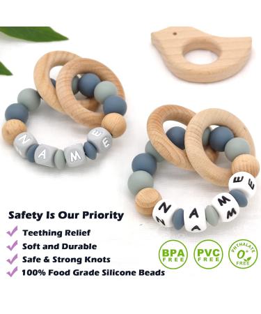 Customizable Personalized Name Wooden Rattle Rings for Baby - Organic Beech Wood Teething Toy (GreyW) - Buy Online on GoSupps.com