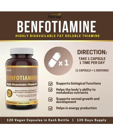 Herba Benfotiamine B1 Vitamin - 120 Capsules | 100mg of High Dose Vitamin B1 Supplement | Highly Bioavailable - Fat Soluble Vitamin B 1 | Better Absorption than Thiamine B1 Supplement | Made in Canada - Buy Online on GoSupps.com
