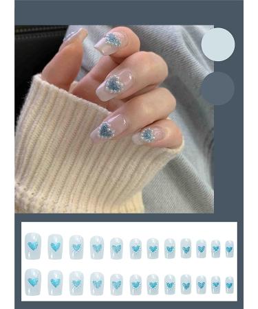 IMSOHOT Medium Square Press on Nails - Glossy Blue Heart Rhinestone False Nails with Glue - Squoval Acrylic Nails with White Pearls - Sparkle and Shine! - Buy Online on GoSupps.com