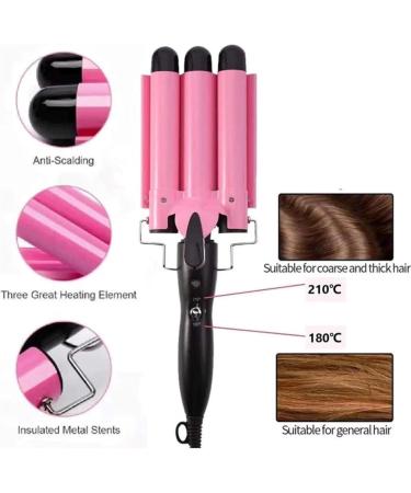 Nebula-X Three Barrel Curling Iron Wand - 1 Inch Ceramic Tourmaline Triple Barrels Dual Voltage Crimp (Pink) - Buy Online on GoSupps.com