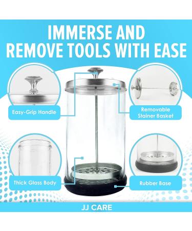JJ CARE Disinfectant Jar (21 oz) with Removable Basket and Stainless Steel Cap - Ideal for Salon, Manicure Implements, and Barber Tools - Buy Online on GoSupps.com