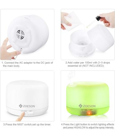 Zoeson 500ml Aromatherapy Diffuser - BPA-Free Essential Oil Ultrasonic Humidifier with 7 LED Colors for Bedroom | International Shipping - Buy Online on GoSupps.com