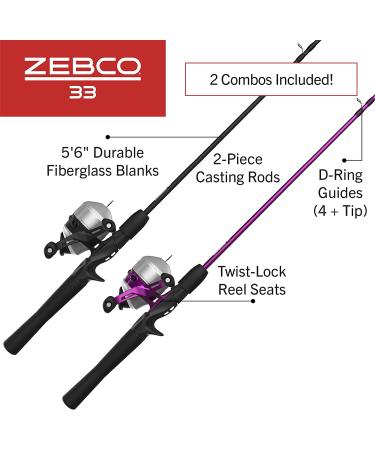Zebco 33 Spincast Reel & 2-Piece Fishing Rod Combo - 5.6ft Fiberglass Rod, Anti-Reverse Reel, Bite Alert - Pink/Black (2 Pack) - Buy Online on GoSupps.com