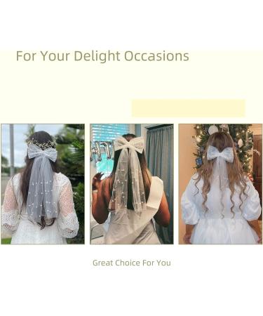 Pearls Hair Bow Large Veil White Hair Bow Barrettes Bridal Bridesmaid Gift Bachelorette Party Accessories for Hair Wedding Long Tails Vintage Veils Barrette - Buy Online on GoSupps.com