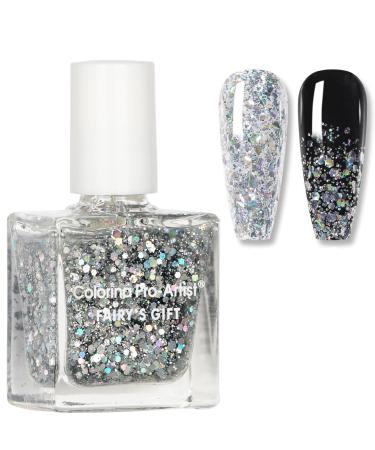 Glitter Nail Polish - Silver Glitter Nail Varnish - Quick Dry Nail Varnish - Silver Diamond Sparkle Long Lasting Nail Polish - No Need Baking for DIY Nail Art Manicure at Home silver giltter