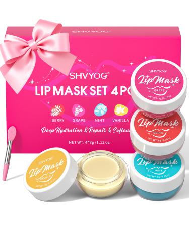 4 Pack Lip Mask Set Hydrating Lip Mask Overnight - Berry Grape Mint Vanilla Flavors Lip Sleeping Mask Nourish Lip Balm with Vitamin C & Shea Butter | Dry Lips Care Gift