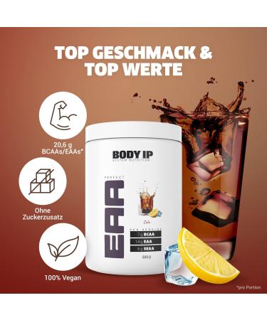 Body IP Perfect EAA Cola - Essential Amino Acids for Muscle Building | Vegan Lactose-Free 20 Portions | High Dose EAAs SEAA & BCAAs | 500g Made in Germany - Buy Online on GoSupps.com