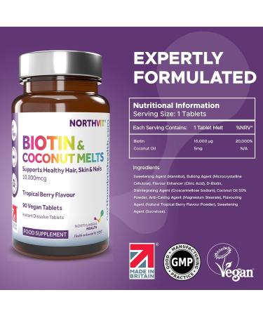 Biotin & Coconut Melts 10 000 g of Biotin 5mg Coconut Oil Hair Growth Supplement 90 Vegan Tablet Melts Hair Skin & Nails Vitamins for Men & Women - Buy Online on GoSupps.com