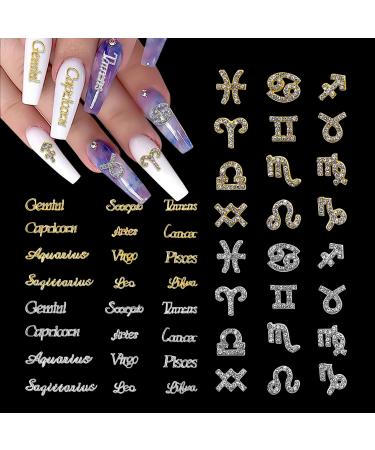 48 Pieces Gold and Silver Alloy Zodiac Nail Charms Zodiac Signs Nail Studs Constellation Words Charms for Nails Twelve Constellation Nail Charms Set for Women Girls Nail Art Decoration Zodiac Nail Charms-05