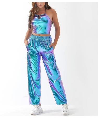 ODIZLI Womens Shiny Metallic High Waist Jogger Pants - Holographic Laser Blue Large - Buy Online on GoSupps.com