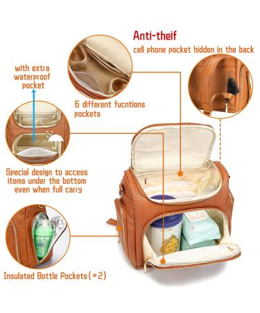 Beaulyn Leather Diaper Bag Backpack - 5-in-1 Travel & Tote w/Changing Pad | Large Capacity Brown - Buy Online on GoSupps.com