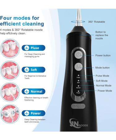 JNGOODS Cordless Water Flosser - Rechargeable Oral Irrigator 310ml IPX7 Waterproof 4 Modes & 4 Jet Tips - Portable Dental Care for Travel & Home (Black - Buy Online on GoSupps.com