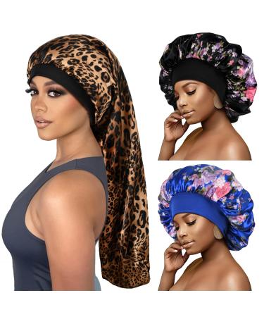 Silk Bonnet Satin Hair Bonnet for Women 3 Pack Curly Hair Hair Wrap Braid Bonnet for Sleeping Extra Long Silk Sleep Cap for Natural Hair A-leopard Black Blue