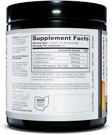 Muscle Feast Vegan BCAA Powder - Peach Mango 300g | 4:1:1 Ratio, Keto Friendly, Sugar Free, All Natural Ingredients - Buy Online on GoSupps.com