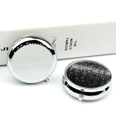 Buy Round Black White Glitter Pill Box | 3 Compartment Portable Medicine Organizer | Decorative Metal Pocket Pill Case - Buy Online on GoSupps.com