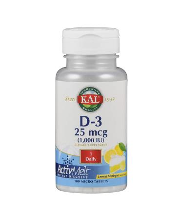 KAL Vitamin D-3 1000 IU | Natural Lemon Flavor ActivMelt Micro Tablets | Healthy Immune Function & Bone Support | 100ct