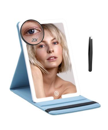 RRtide Travel Makeup Mirror with 3.5inch 20X Magnifying Mirror  PU Leather Cover 8 * 5.5inch Travel Mirror  3 Color Modes Compact Vanity LED Cosmetic Mirror for Home  Office and Travel Blue+20x