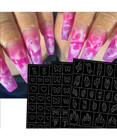 6 Sheets Airbrush Stencils Nail Stickers - Heart Butterfly Flowers & Flame Designs for DIY Manicure - Nail Art Decals & French Tip Guides - Buy Online on GoSupps.com