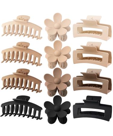 12 Pack Large Hair Claw Clips 4.3 Inch Rectangle Hair Claw Clips Flower Hair Clips for Women Thin Thick Curly Hair, Matte Hair Clip Hair Claws Banana Clips Strong Hold jaw clips, 3 Styles Claw Clips Neutral Colors Black, Coffee, Khaki, Beige