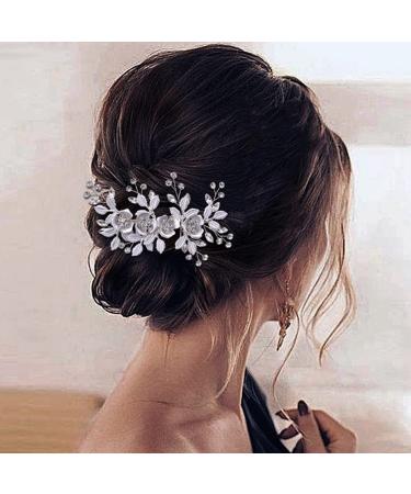 Bridal Wedding Hair Pins Silver Hair Wedding Accessories Rhinestone Hair Clips Flower Crystal Headpiece for Bridal Bridesmaid Girls Women Handmade Headband (Sliver)