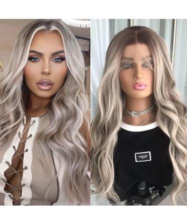 musescoo Highlight Ash Blonde Lace Front Wigs Body Wave Lace Frontal Synthetic Wig Glueless Long Wavy Synthetic Lace Wig for Women 24inch (Ash Blonde)
