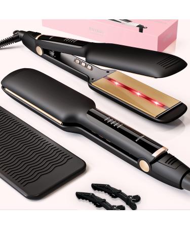 ESYEST Flat Iron Hair Straightener for Thick Curly Hair with Infrared Light Therapy  2'' Wide Professional Ceramic Straightening Iron with 10s Fast Heating and 5 Adjustable Temp for Woman  Black 2 inches Black