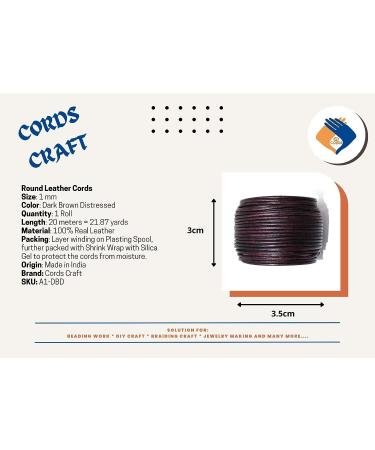 Cords Craft 1mm Round Leather Cord | 20m Roll for Jewelry Making, Bracelets, Necklaces, Hair Accessories, Beading, DIY Projects | Dark Brown Distress - Buy Online on GoSupps.com