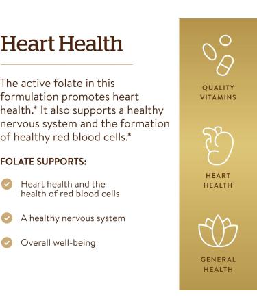 Solgar Folate 800 mcg Bio-Active Metafolin - 100 Tablets x 2 - Heart Health Support - Non-GMO Vegan Gluten Free Dairy Free Kosher - 200 Total Servings - Buy Online on GoSupps.com