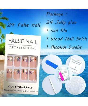 Short Simple Flower Almond Fake Nails with Purple Daisy Design - 24PCS - Buy Online on GoSupps.com