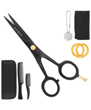 B-FOKUS Professional Mustache Scissors, 5 Inches Black & Gold Mustache and Beard Scissors, German Stainless Steel Beard Scissors for Men with Comb Set, Cleaning Cloth and Zipper Case.