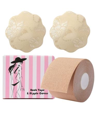 Okela Breast Lift Tape, Sweat Proof Bob Tape Body Tape for All Breast, Instant Boobytape Lift Athletic Tape Kinesiology Tape with Reusable Lace Breast Cover (Nude)