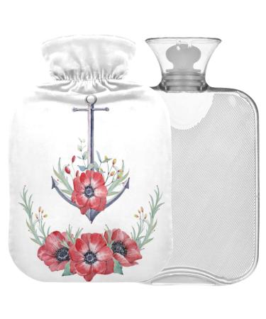 NAANLE hot water bottle with watercolor flower anchor with reference transparent hot water bottle 1 l for bed hand feet warmer pain relief heat and cold therapy
