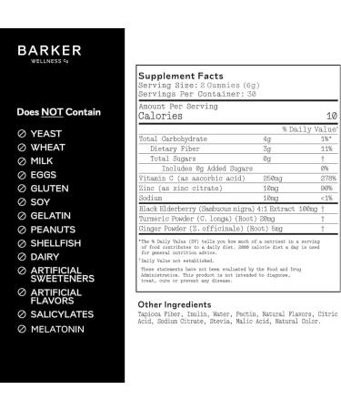 Barker Wellness Immunity Gummies with Vitamin C Zinc Elderberry Turmeric & Ginger for Daily Immune Support | Vegan Sugar-Free Lemon-Lime Flavor | Seasonal Wellness Essentials 60 Count - Buy Online on GoSupps.com