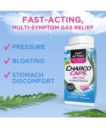 Charcocaps Fast Acting Gas Relief - 100 Capsules | Drug Free Activated Charcoal Formula | Bloating & Flatulence Detox | 30 Day Supply - Buy Online on GoSupps.com