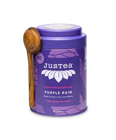 JusTea PURPLE RAIN | Loose Leaf Purple Tea | Tin with Hand Carved Tea Spoon | 40+ Cups (2.8oz) | Very Low Caffeine | Award-Winning | Fair Trade | Non-GMO Loose Leaf Tea Tin