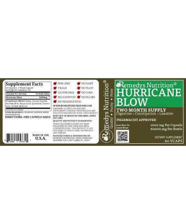 Remedy s Nutrition Hurricane Blow (Herbal Laxative) | 1 000mg 60 Vegan Capsules Dietary Supplement Capsules | Two Month Supply - Buy Online on GoSupps.com