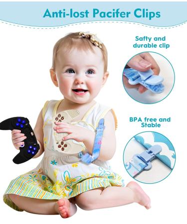 2 Pack Remote Game Controller Teething Toys with Pacifier Clips - Safe Silicone Baby Teether for Girls Boys 6-12 Months - Buy Online on GoSupps.com