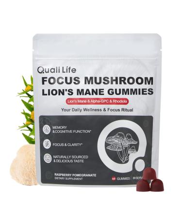 Mushroom Gummies with Lion s Mane - Alpha Brain Gummy for Focus & Memory - Nootropic Focus Gummies with Rhodiola & Alpha-GPC Vegan Brain Supplement, Raspberry Pomegranate Flavor, 60 Count (1)