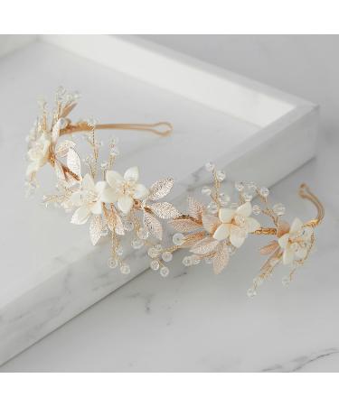 SWEETV Crystal Tiara Bridal Headpiece for Wedding | Gold Flower Leaf Hair Accessory for Women - Buy Online on GoSupps.com