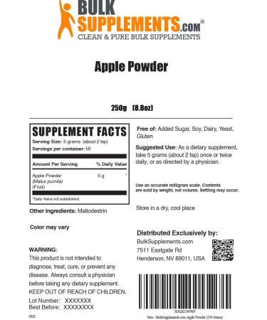 Apple Fiber Powder - Soluble Fruit Supplement for Smoothies - 250g (8.8 oz) Pack - BULKSUPPLEMENTS.COM - Buy Online on GoSupps.com