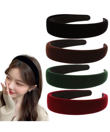 ZLSPTK 4Pcs Velvet Wide Headbands for Women Soft Headbands No Slip Headband Fashion Black Red  Brown and Green Headband Thin Hair Accessories for Women Girls Christmas Gifts