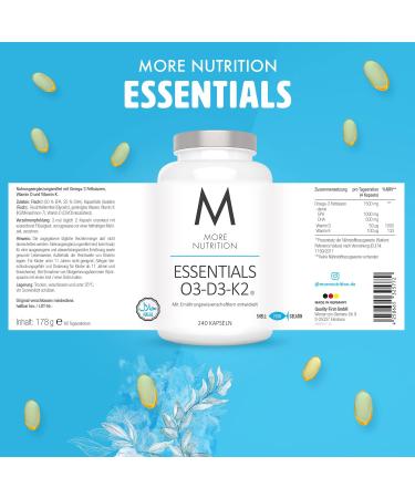 More Nutrition Essentials O3-D3-K2 | 480 Fish Oil Capsules with Vitamin D3 & K2 | Premium Fish Gelatin Shell - Buy Online on GoSupps.com