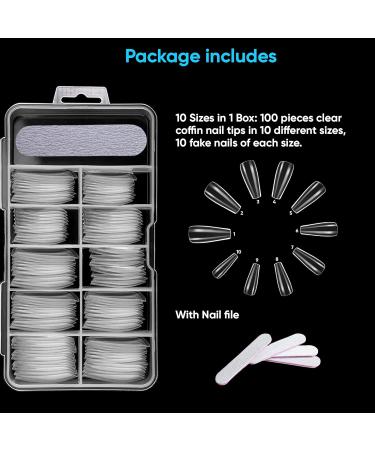 Husnshud False Nails - Set of 100 Clear Ballerina Fake Nails with File - Buy Online on GoSupps.com