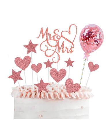 Wedding Cake Toppers Mr & Mrs Cake Topper With Rose Gold Heart Star Balloon Bride and Groom Wedding Topper for Cakes for Wedding Bridal Engagement Party Cake Cupcake Decoration