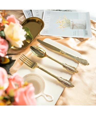 N9R 300pcs Gold Plastic Silverware Set - Heavyweight Cutlery for Party, Wedding, Birthday - 100 Forks, 100 Spoons, 100 Knives - Gold Utensils 300 Pack - Buy Online on GoSupps.com