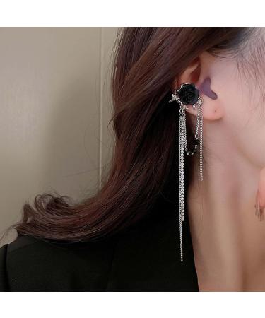 Punk Black Rose Flower Earrings | Rhinestone Chain Drop Tassel Earrings for Women | Silver CZ Ear Cuff Jewelry - Buy Online on GoSupps.com